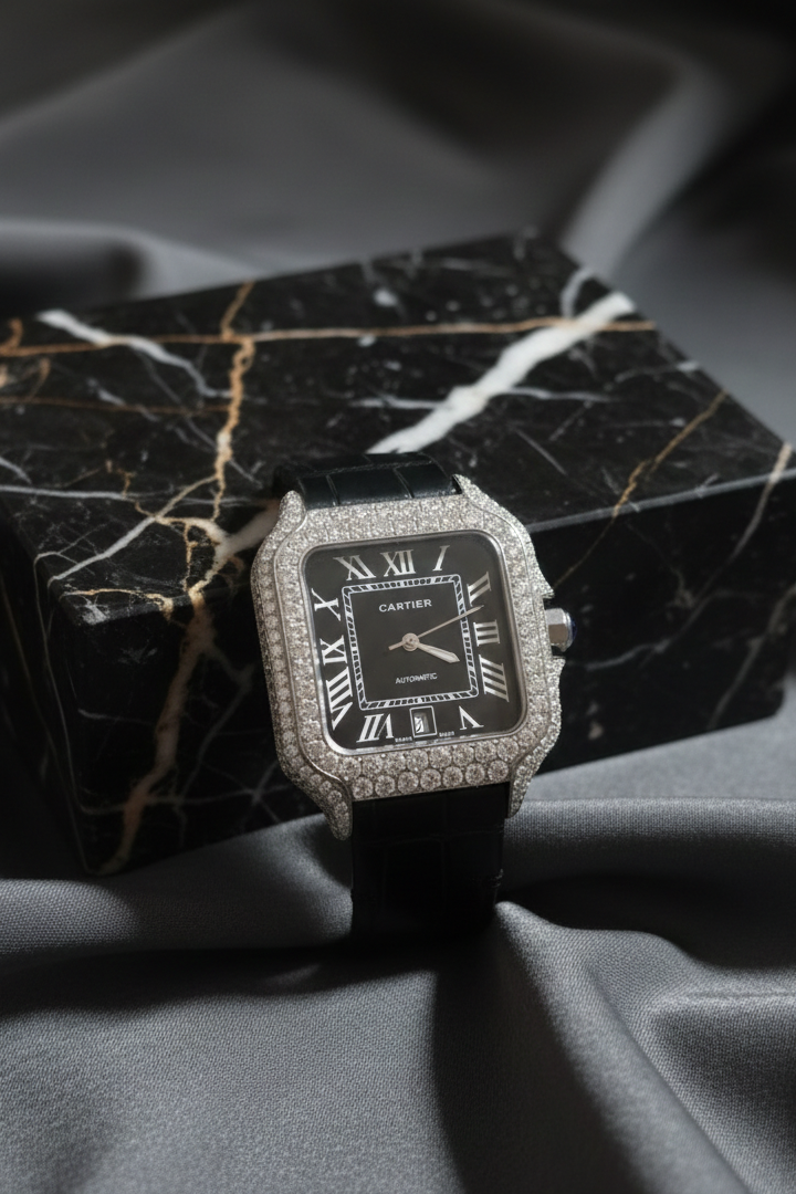 Cartier Santos Diamond Watch – Black Dial & Leather Strap